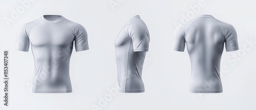 blank grey short sleeve rash guard mockup front, side and back view.	
