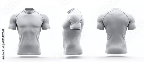 blank grey short sleeve rash guard mockup front, side and back view.	
