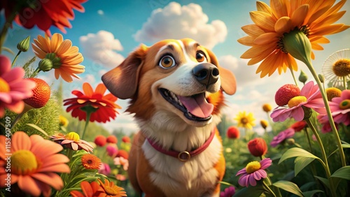 Cartoon Dog Posing with Colorful Flowers, Happy Pet, Springtime Fun, Whimsical Illustration
