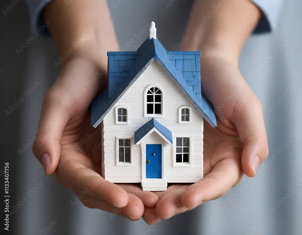 A house model held in cupped hands, with a door and windows, and a roof A house model held in cupped hands, with a door and windows, and a roof