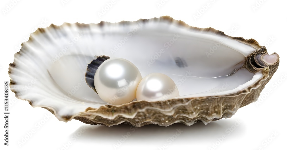A single white pearl nestled inside an open oyster shell on a white background A single white pearl nestled inside an open oyster shell on a white background