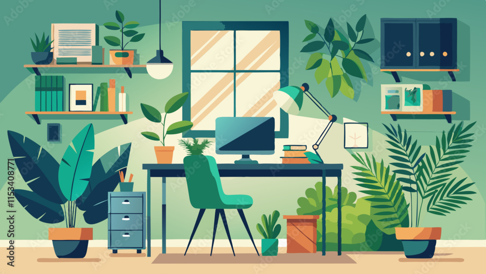 Fototapeta premium Home office with lots of greenery and comfortable furniture.