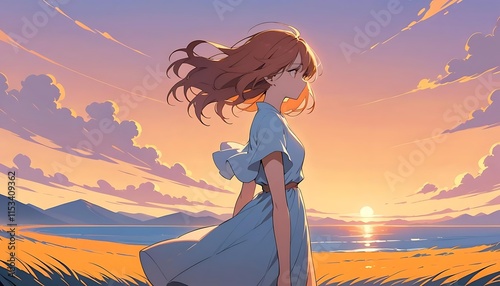Sunset Serenity: A Girl's Peaceful Contemplation by the Sea