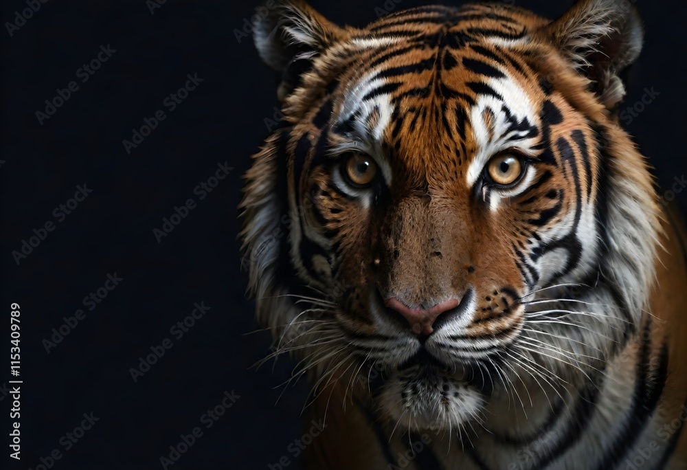 A close-up portrait of a majestic tiger with intense eyes and a powerful expression against a dark background A close-up portrait of a majestic tiger with intense eyes and a powerful expression against a dark background