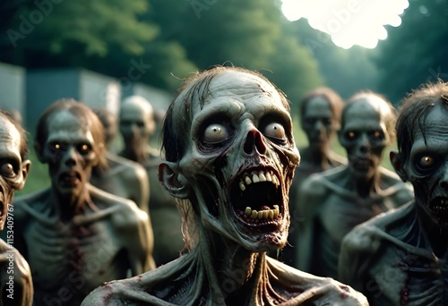 A group of zombie-like creatures with pale, decaying skin and sunken eyes in a dark, gloomy environment