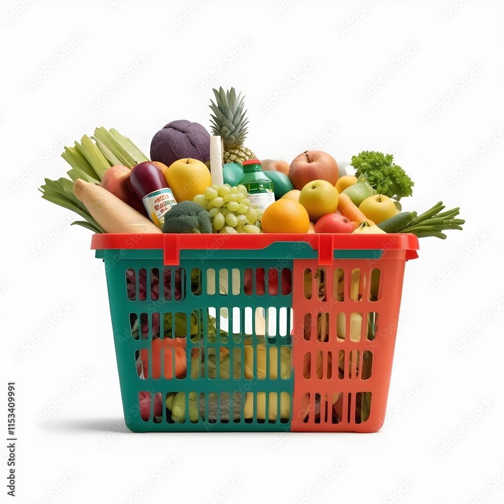 A green plastic shopping basket filled with various grocery items including fruits, vegetables, canned goods, and other packaged food products A green plastic shopping basket filled with various grocery items including fruits, vegetables, canned goods, and other packaged food products