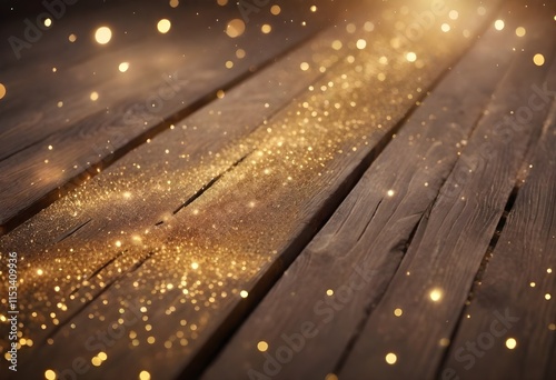 Wooden planks covered in sparkling (golden glitter or dust, with a blurred background of warm, glowing lights)  Weathered wooden boards coated in shimmering (metallic particles, against a hazy backdro photo