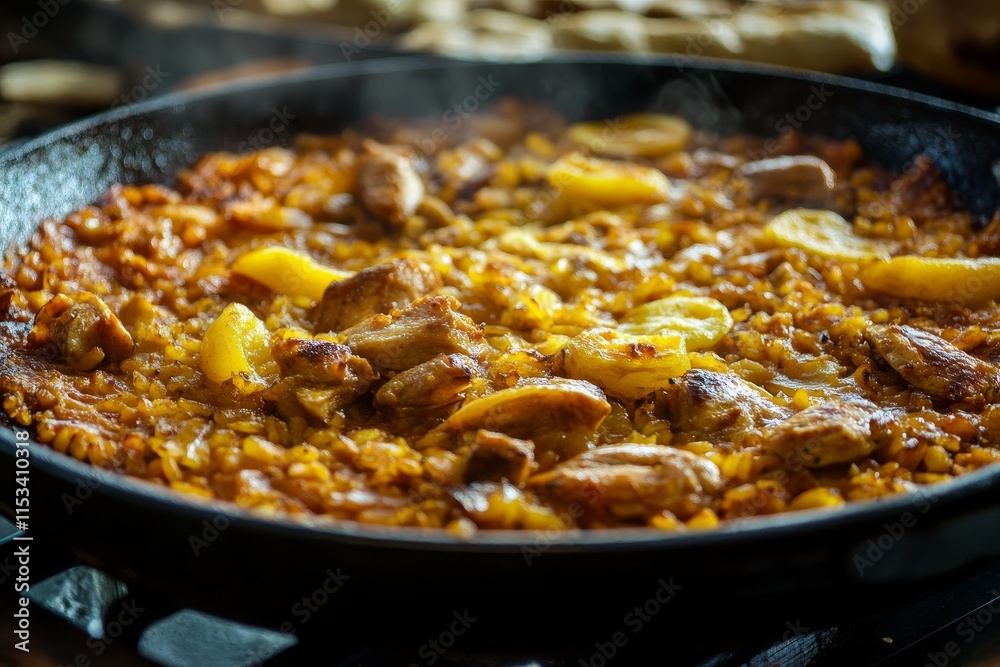 Steaming hot paella with chicken and lemon in a black pan. Steaming hot paella with chicken and lemon in a black pan.