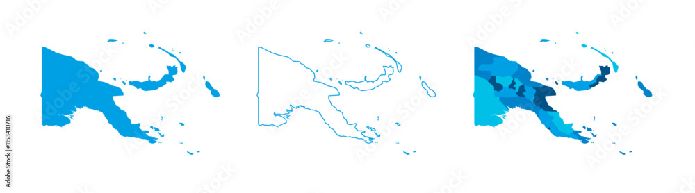 Obraz premium Papua New Guinea set of three maps - solid map, outline map and map highlighting administrative divisions. Three distinct maps illustrate various representations of a geographical area.