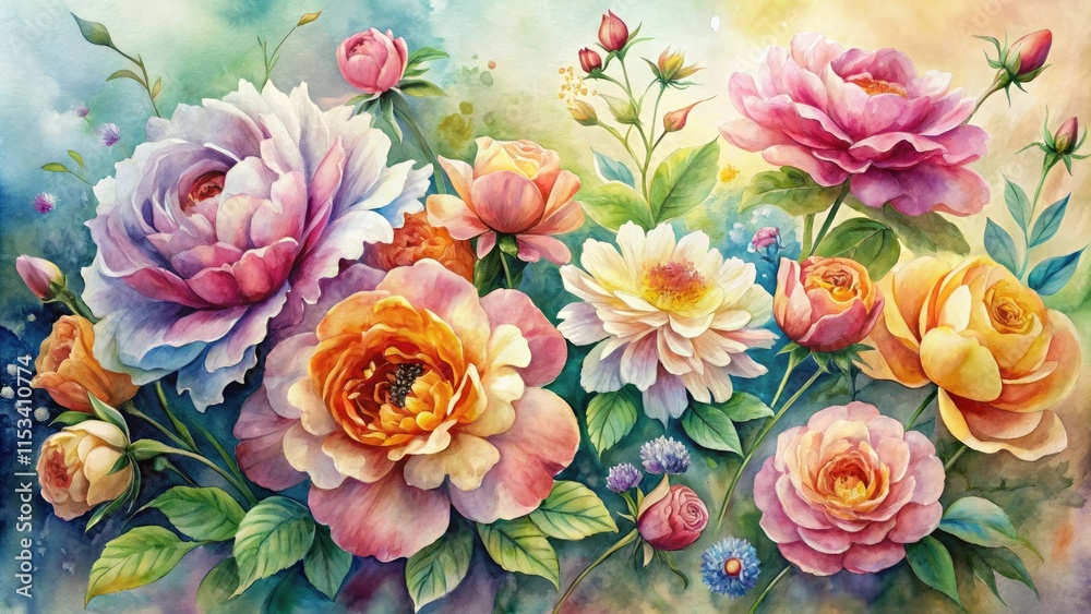 Fototapeta premium Elegant watercolor floral clipart: high-resolution botanical illustrations ideal for wedding invitations and designs.