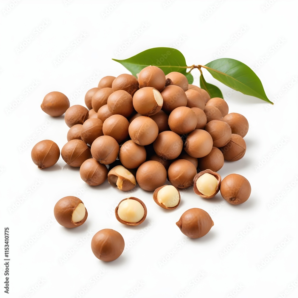 A pile of shelled and unshelled macadamia nuts with green leaves on a white background