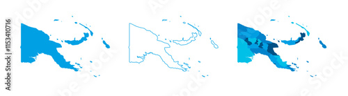 Papua New Guinea set of three maps - solid map, outline map and map highlighting administrative divisions. Three distinct maps illustrate various representations of a geographical area.