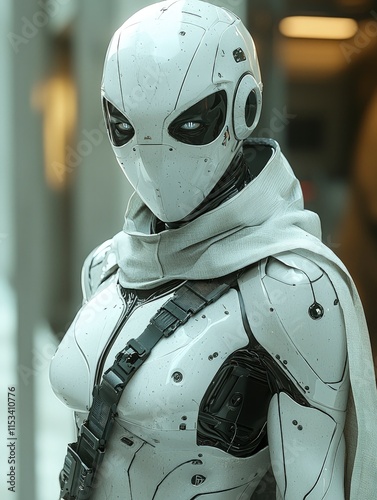 A futuristic white cyborg with a hooded cape. Ideal for sci-fi settings, gaming characters, or concept art exploring artificial intelligence. photo