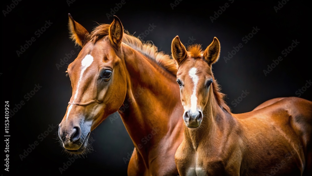 Fototapeta premium Close-up Brown Horse Foal with Mare, Isolated Black Background - Stock Photo