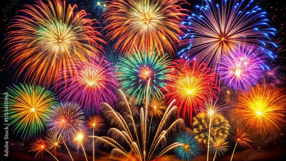 Vibrant Fireworks Burst Isolated on Black Background - Stunning Night Sky Celebration Vibrant Fireworks Burst Isolated on Black Background - Stunning Night Sky Celebration