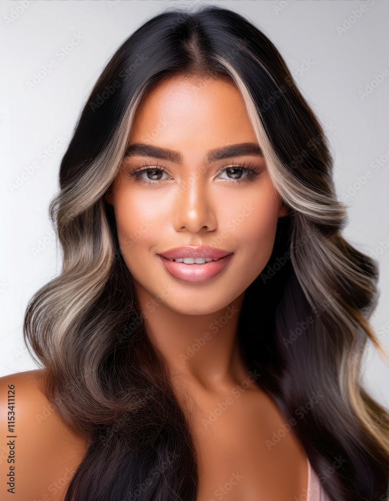 A close-up of a woman with flawless, glowing skin and soft makeup, showcasing a natural beauty against a light, neutral background A close-up of a woman with flawless, glowing skin and soft makeup, showcasing a natural beauty against a light, neutral background