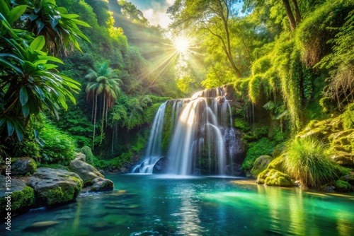 Exotic waterfall's serene beauty, captured in tranquil photography, a lush landscape.