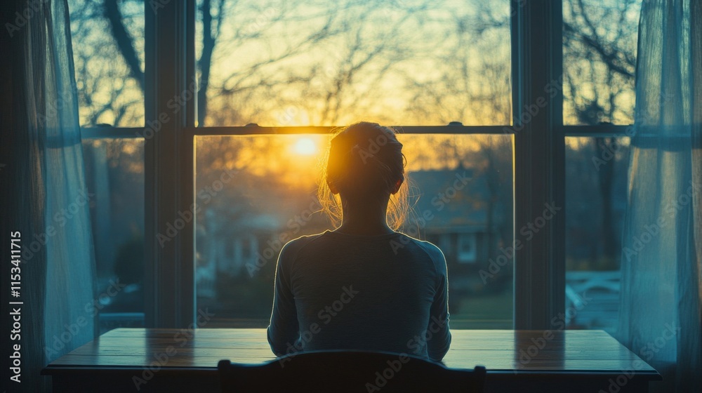 Woman Silhouetted Against Sunset Window View Woman Silhouetted Against Sunset Window View
