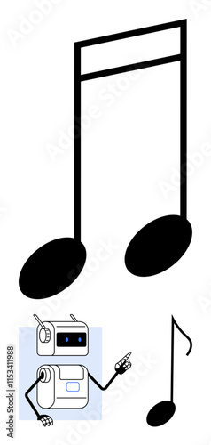 Robot pointing at a large overlapping eighth note, holding a sixteenth note. Ideal for tech, music, education, innovation, AI, minimalism, creativity. Line metaphor