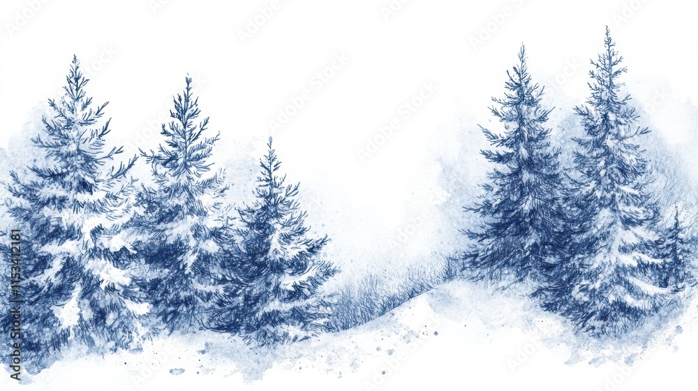 Naklejka premium Winter themed doodle depicting snowy trees and a serene landscape in cool blue tones during a snowy day. Generative AI