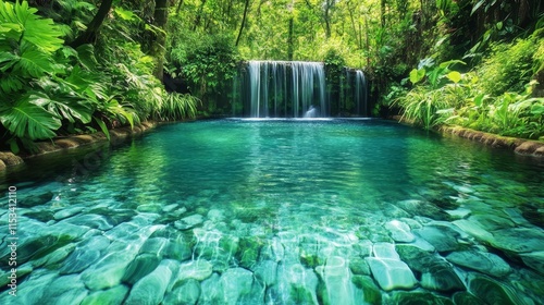 crystal-clear water, serene pool, cascading waterfall, lush plants, tranquil oasis