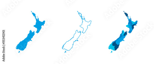 New Zealand set of three maps - solid map, outline map and map highlighting administrative divisions. Three distinct maps illustrate various representations of a geographical area.