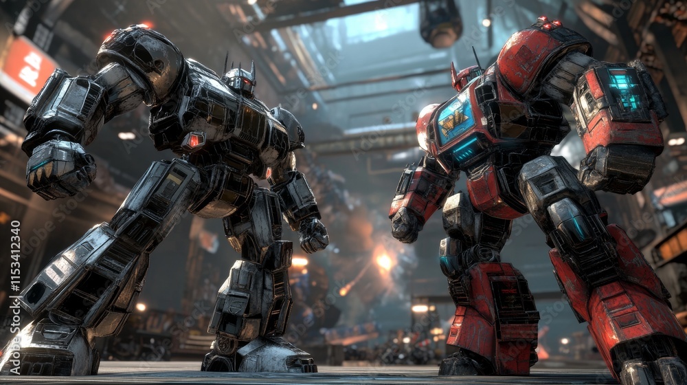 Two heavily armored robots stand ready for battle in an industrial sci-fi environment, their powerful designs and intricate mechanical details emphasizing strength and action.. AI Generation Two heavily armored robots stand ready for battle in an industrial sci-fi environment, their powerful designs and intricate mechanical details emphasizing strength and action.. AI Generation