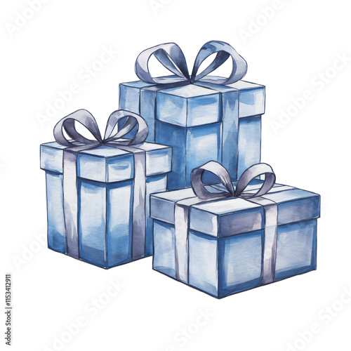 A watercolor illustration of three blue gift boxes with ribbons. The gift boxes are placed on a transparent background