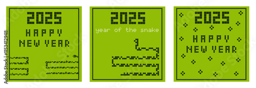 2025 Happy New Year square cards. Set of Year of the snake background in retro pixel art style. Old fashioned phone game concepts for new year celebration.