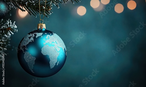 Unique blue globe ornament depicting a world map, perfect for holiday decorations and a festive atmosphere