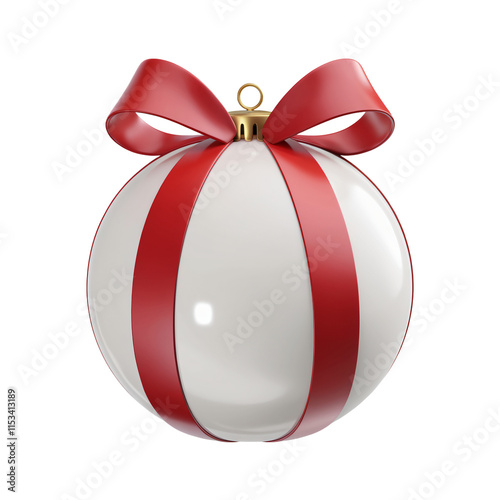 A 3D render of a white Christmas ball with a red bow. The ball is isolated on a transparent background.
