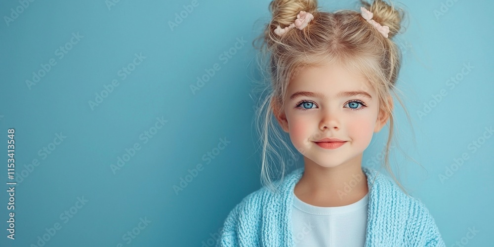 Cute smiling girl with blonde hair in pastel blue background offering joyful vibes and creativity Cute smiling girl with blonde hair in pastel blue background offering joyful vibes and creativity