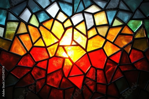 A vibrant stained glass window featuring an abstract sunburst in warm colors, with intricate geometric patterns creating a dazzling display.