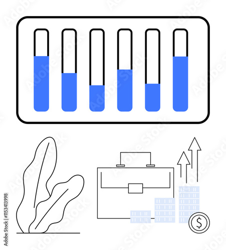 Bar graph with upward trending values, briefcase surrounded by growing financial icons, and plant in background. Ideal for business growth, financial planning, investment, marketing analysis