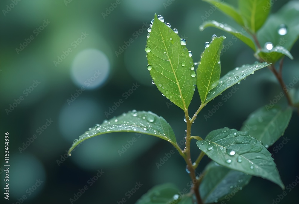 Green leaves with water droplets on a blurred background Green leaves with water droplets on a blurred background