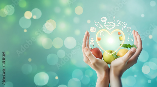 Hands Hold Heart Shaped Healthy Fruit And Wellness Icons