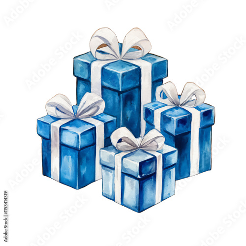 A watercolor painting of four blue gift boxes with white ribbons. The gift boxes are placed on a transparent background. The painting has a few drops of water visible. 
