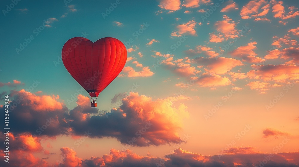 Obraz premium Beautiful heart-shaped red hot air balloon floats in pastel skies at dawn