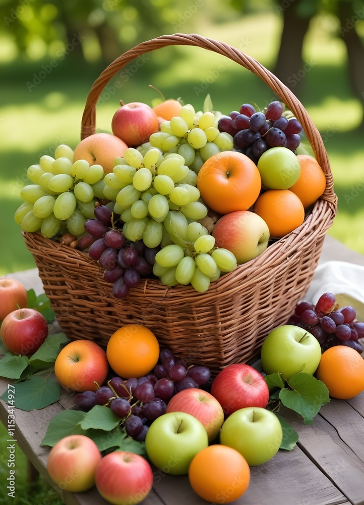 A wicker basket filled with various fresh fruits including apples, oranges, grapes, and berries on a table outdoors with a blurred green background A wicker basket filled with various fresh fruits including apples, oranges, grapes, and berries on a table outdoors with a blurred green background
