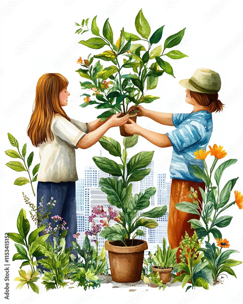 Fototapeta premium community members participating in a co-op urban farm project, surrounded by thriving plants and modern cityscape in the background, soft minimalistic tones.