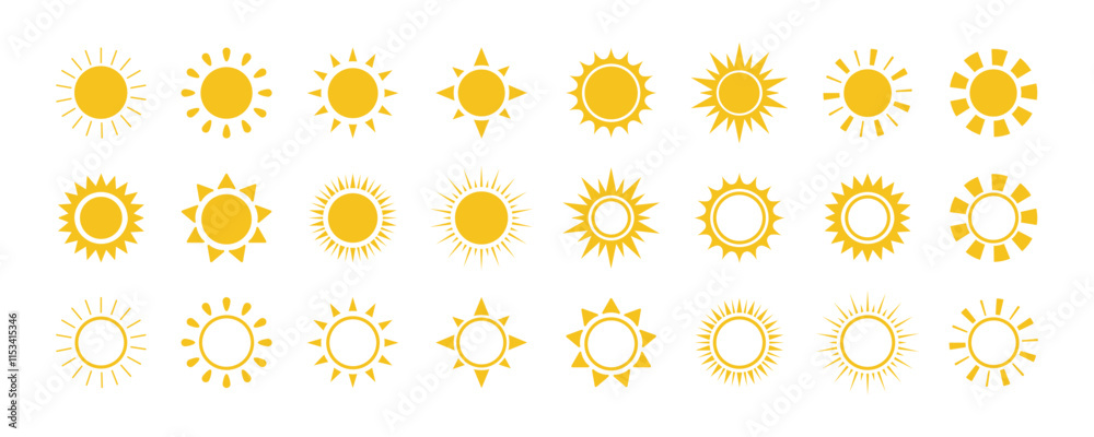 Sun icon set. Yellow sun icons. Shine sun ray set. Sunset icon collection. Yellow sun star icons. Vector illustration Sun icon set. Yellow sun icons. Shine sun ray set. Sunset icon collection. Yellow sun star icons. Vector illustration