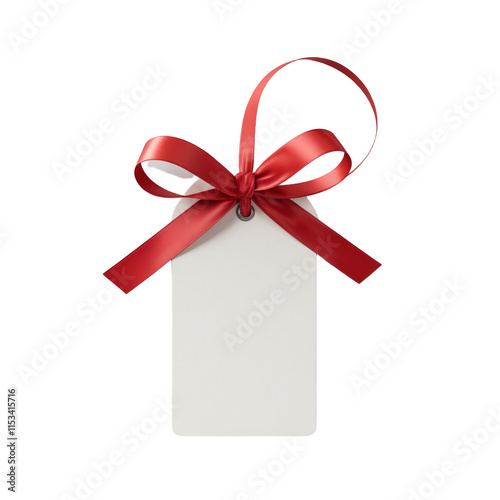 A 3D render of a blank white tag with a red ribbon tied around it. The tag is isolated on a transparent background. The tag has a small hole at the top for the ribbon to pass through. 