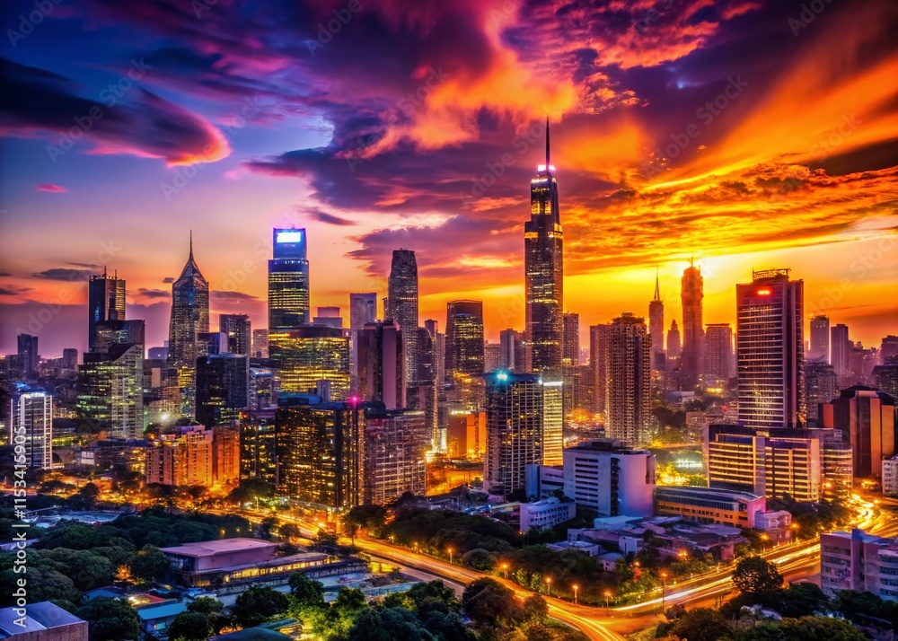 Fototapeta premium Vibrant Night Cityscape with Gradient Sky - Stunning Urban Twilight Panorama