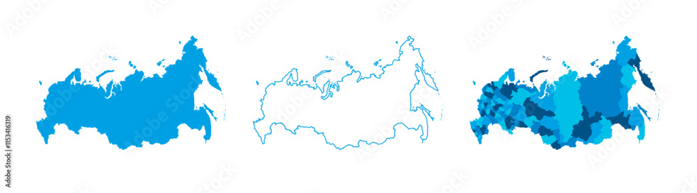 Obraz premium Russia set of three maps - solid map, outline map and map highlighting administrative divisions. Three distinct maps illustrate various representations of a geographical area.