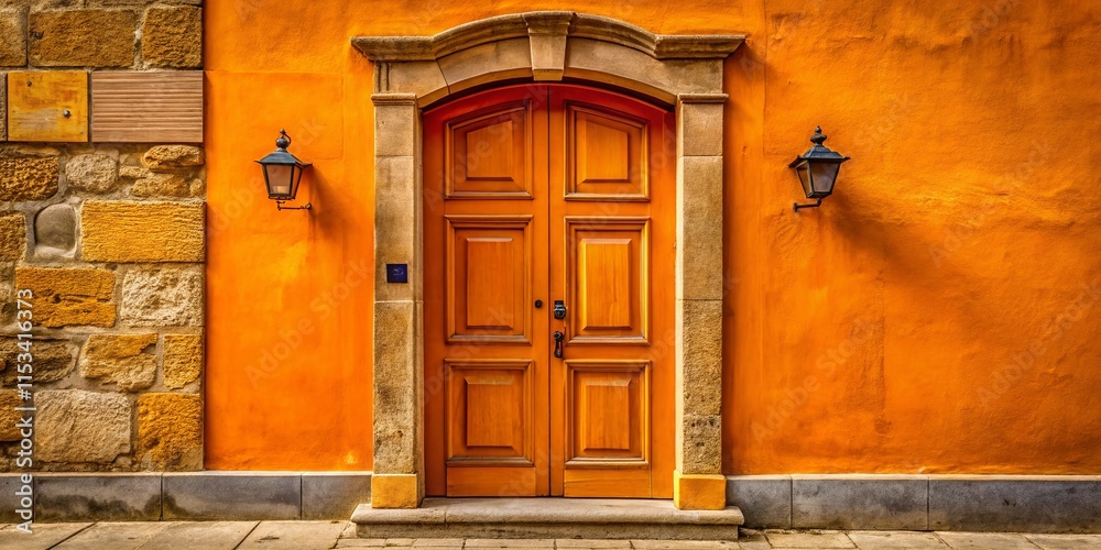 Fototapeta premium Vibrant Orange Doorway: Rustic Charm & Architectural Detail Stock Photo