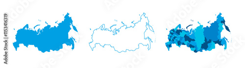 Russia set of three maps - solid map, outline map and map highlighting administrative divisions. Three distinct maps illustrate various representations of a geographical area.