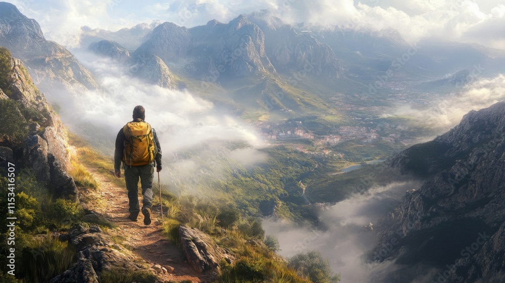 Adventurous Hiker Ascending Majestic Mountain Range Adventurous Hiker Ascending Majestic Mountain Range