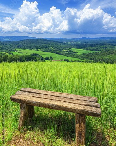 A wooden bench overlooks a vast green landscape under a blue sky with fluffy clouds.