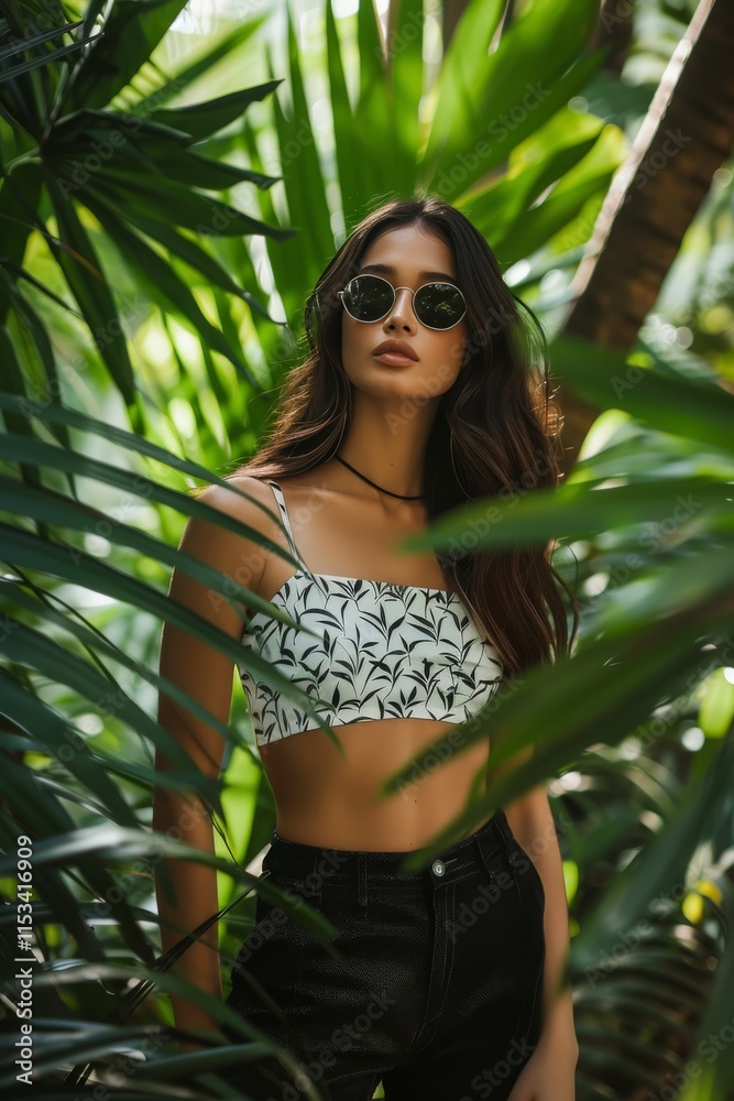 stylish lady in monochrome attire and sunglasses surrounded by greenery