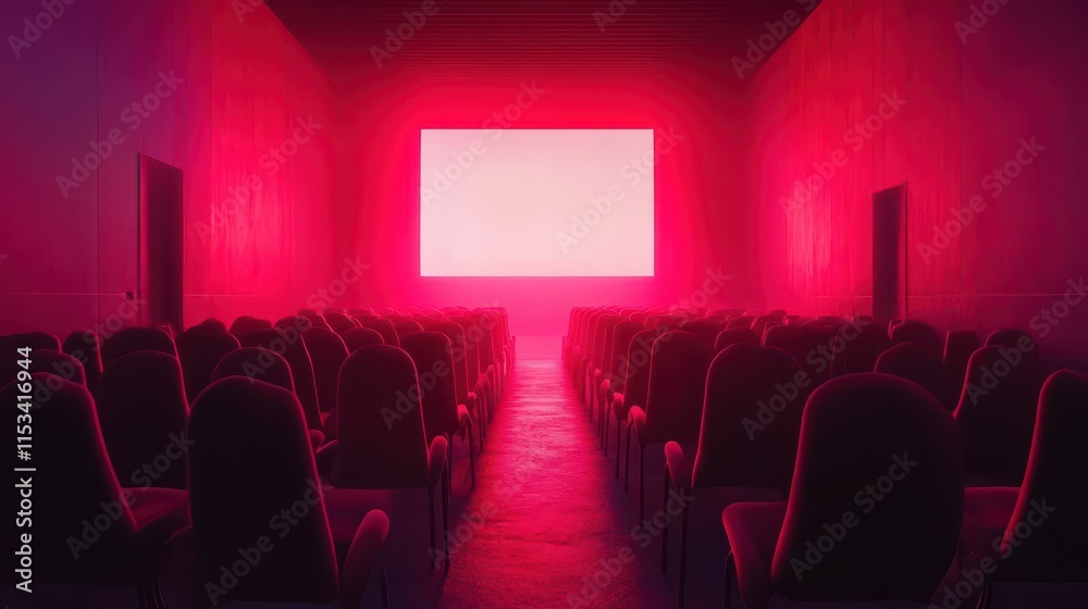 Fototapeta premium People in the cinema auditorium with Cinema blank wide screen and red chairs in the cinema hall,People silhouettes watching movie performance,empty white screen,space for text,copy space.